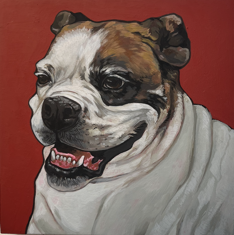 Painting of a bulldog with a red background.