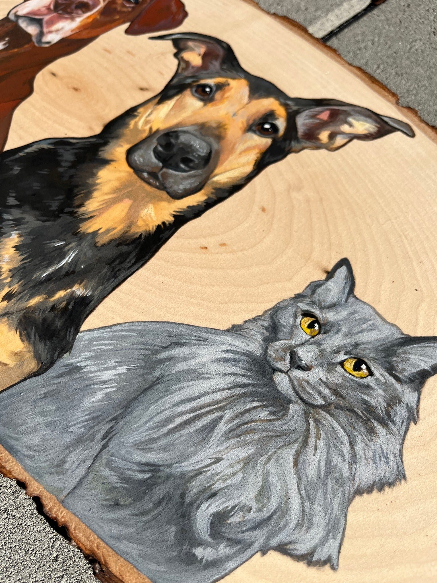 Hand-painted wooden plaque featuring a dog and a gray cat. The dog is a black and tan breed with a friendly expression, and the gray cat has piercing yellow eyes and long fur.
