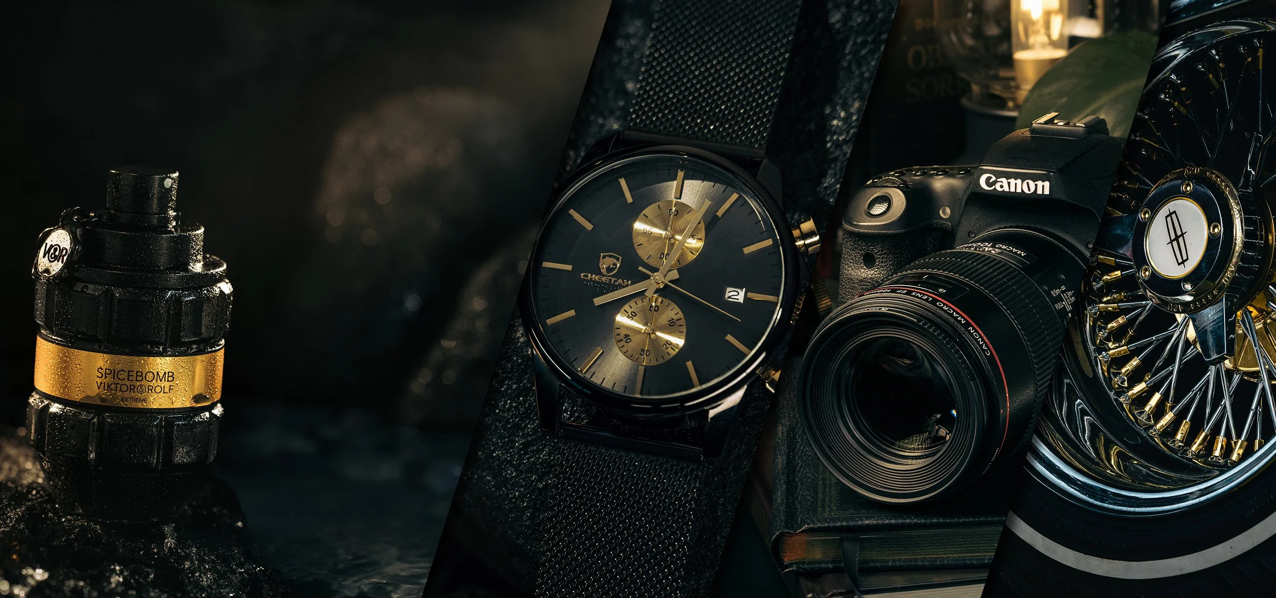 Professional product photography showcasing luxury goods with dramatic lighting and premium commercial styling.