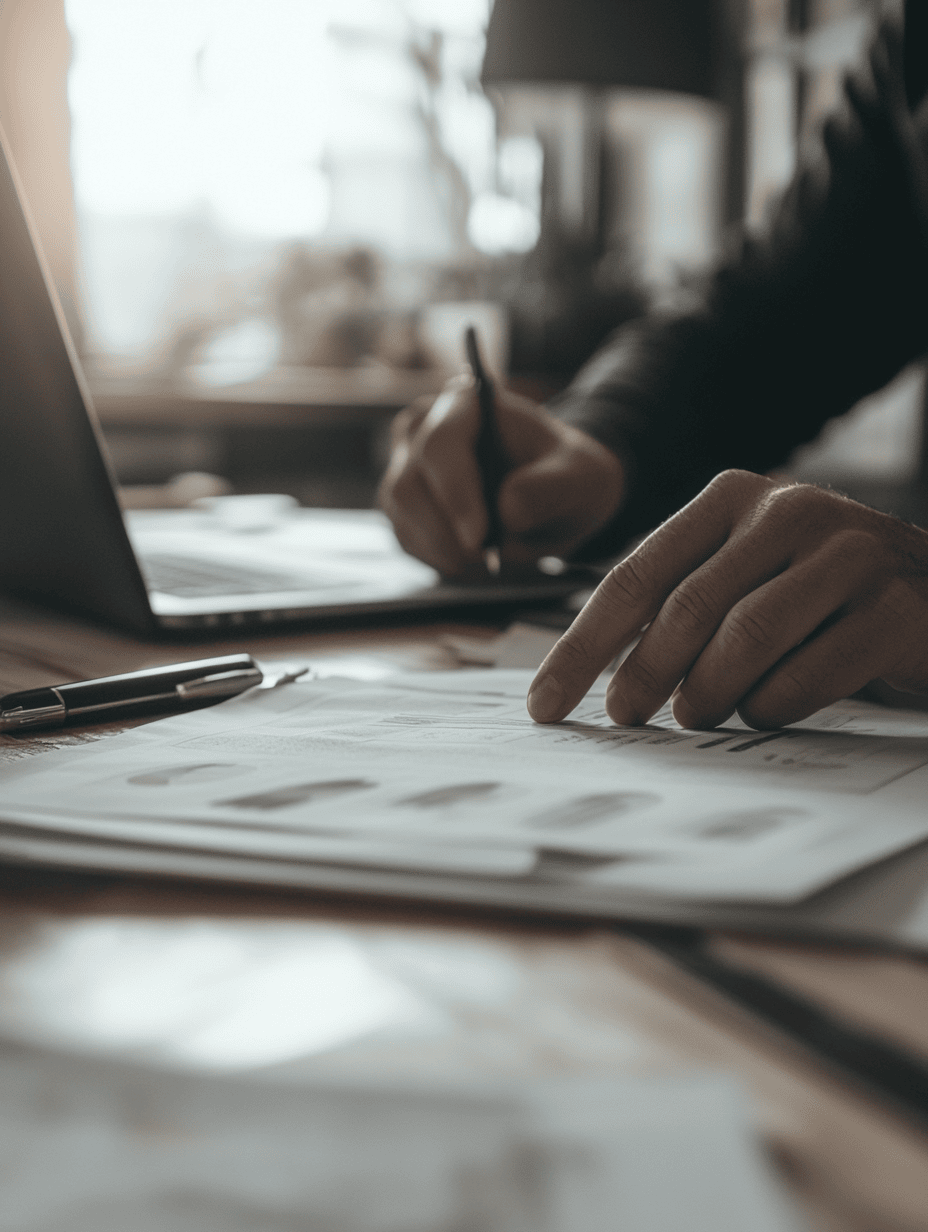 Close-up of a person using a laptop and writing on documents spread out on a desk, with a pen placed nearby, in a well-lit room.
