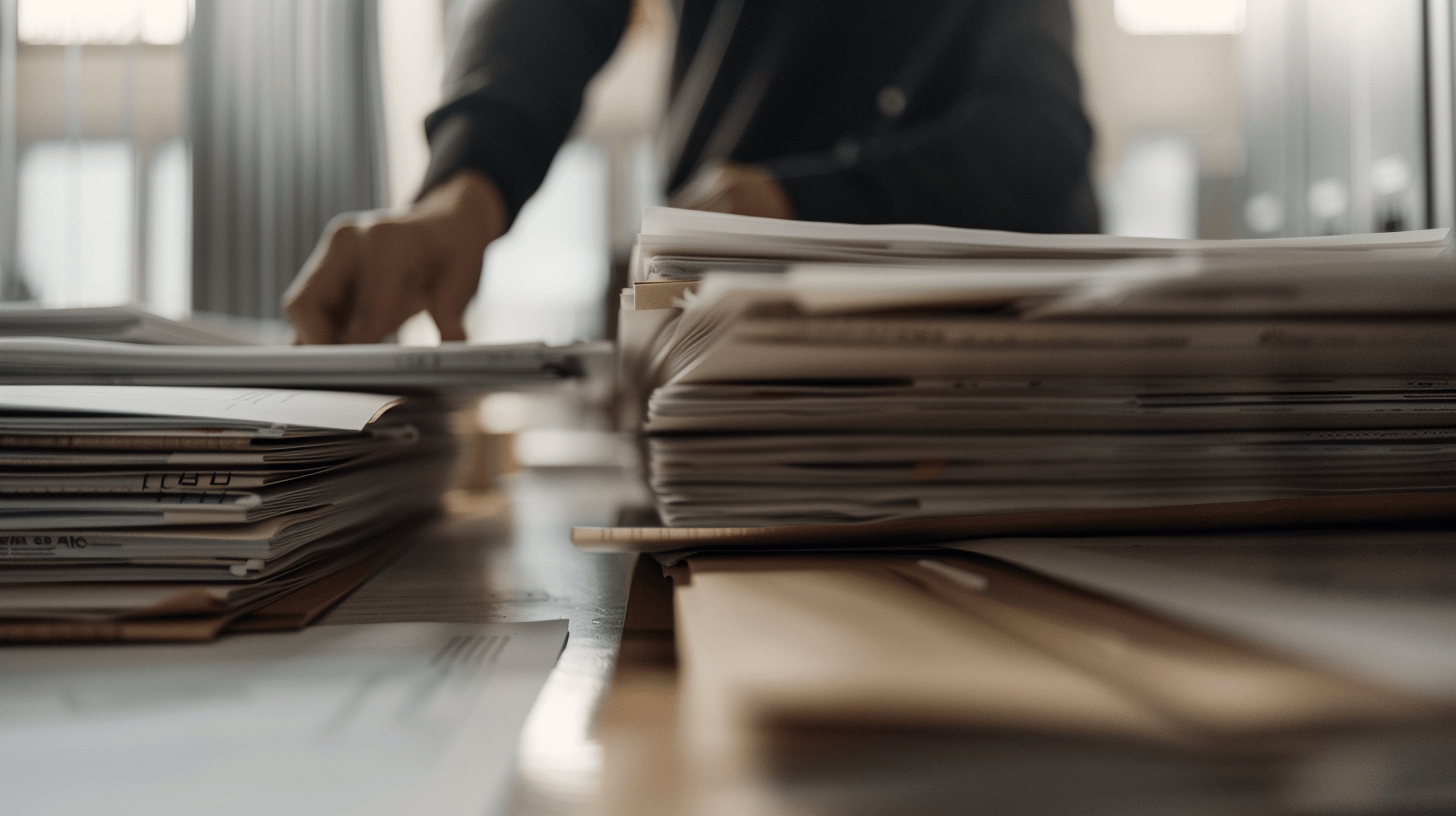 Person reaching over a cluttered desk filled with stacks of paperwork and files.