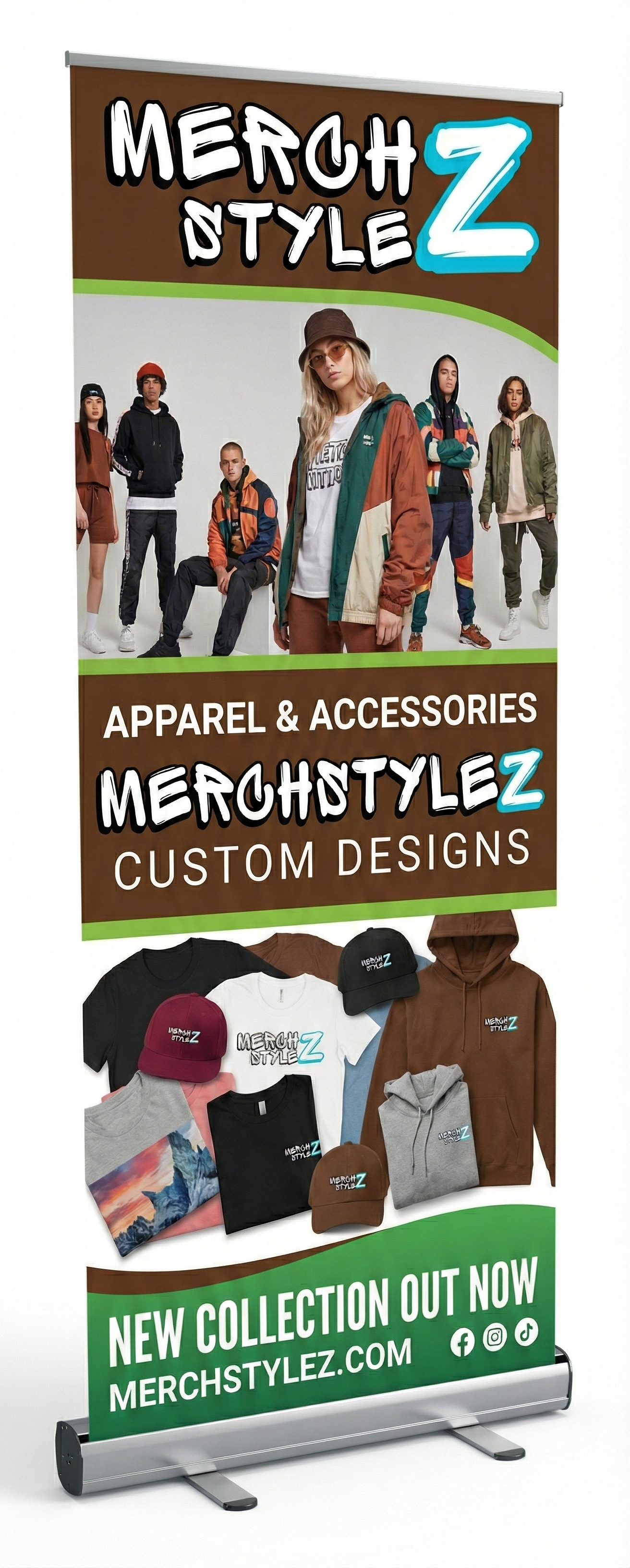 Roll-up banner advertising clothing brand MerchStyleZ with models wearing apparel, and images of various branded hoodies, t-shirts, and caps, promoting a new collection at merchstylez.com.