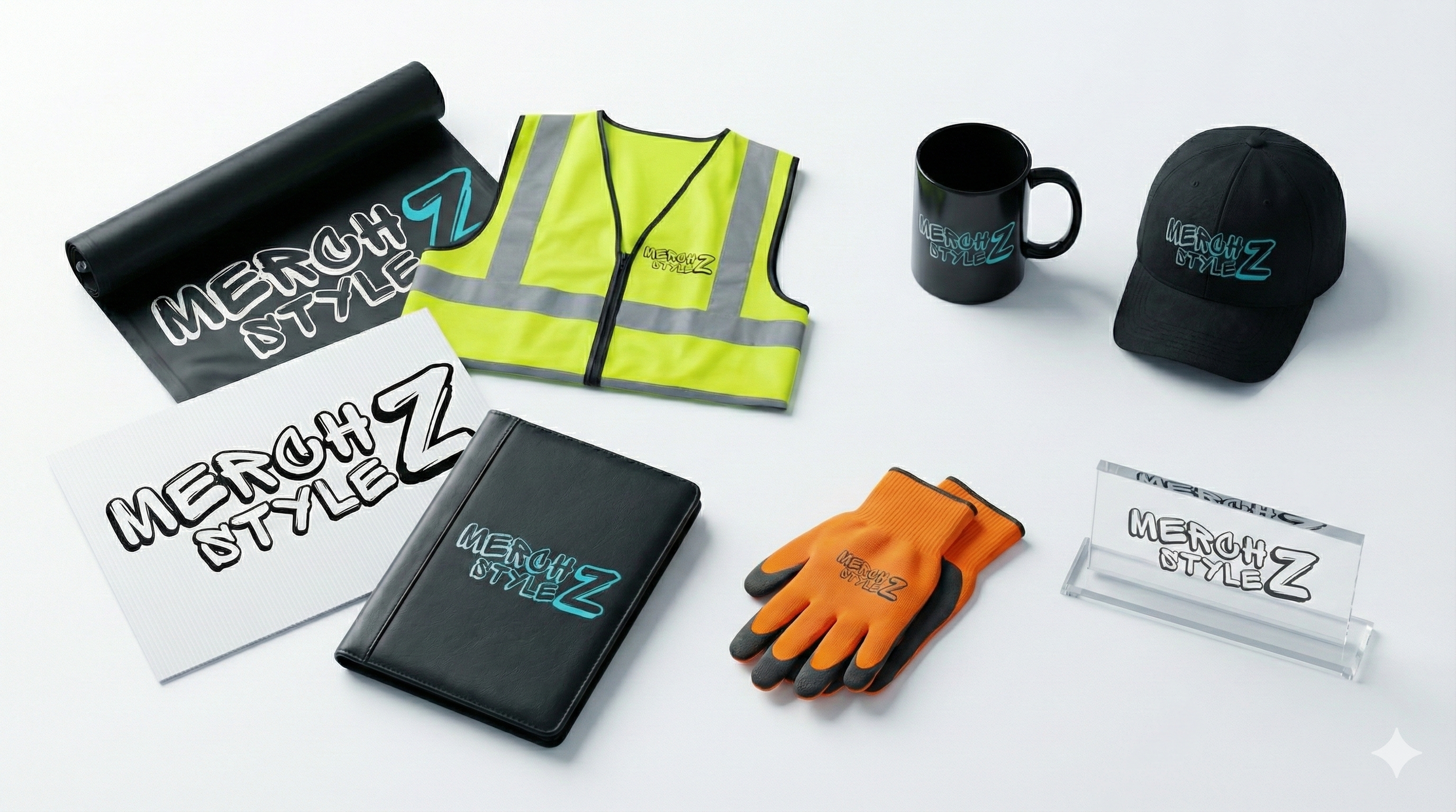 Collection of merchandise items including a yellow safety vest, a black mug, a black cap, a black notebook, a pair of orange work gloves, clear acrylic sign holder, and two printed banners, all featuring a logo with the text 'MERCH STYLE Z'.