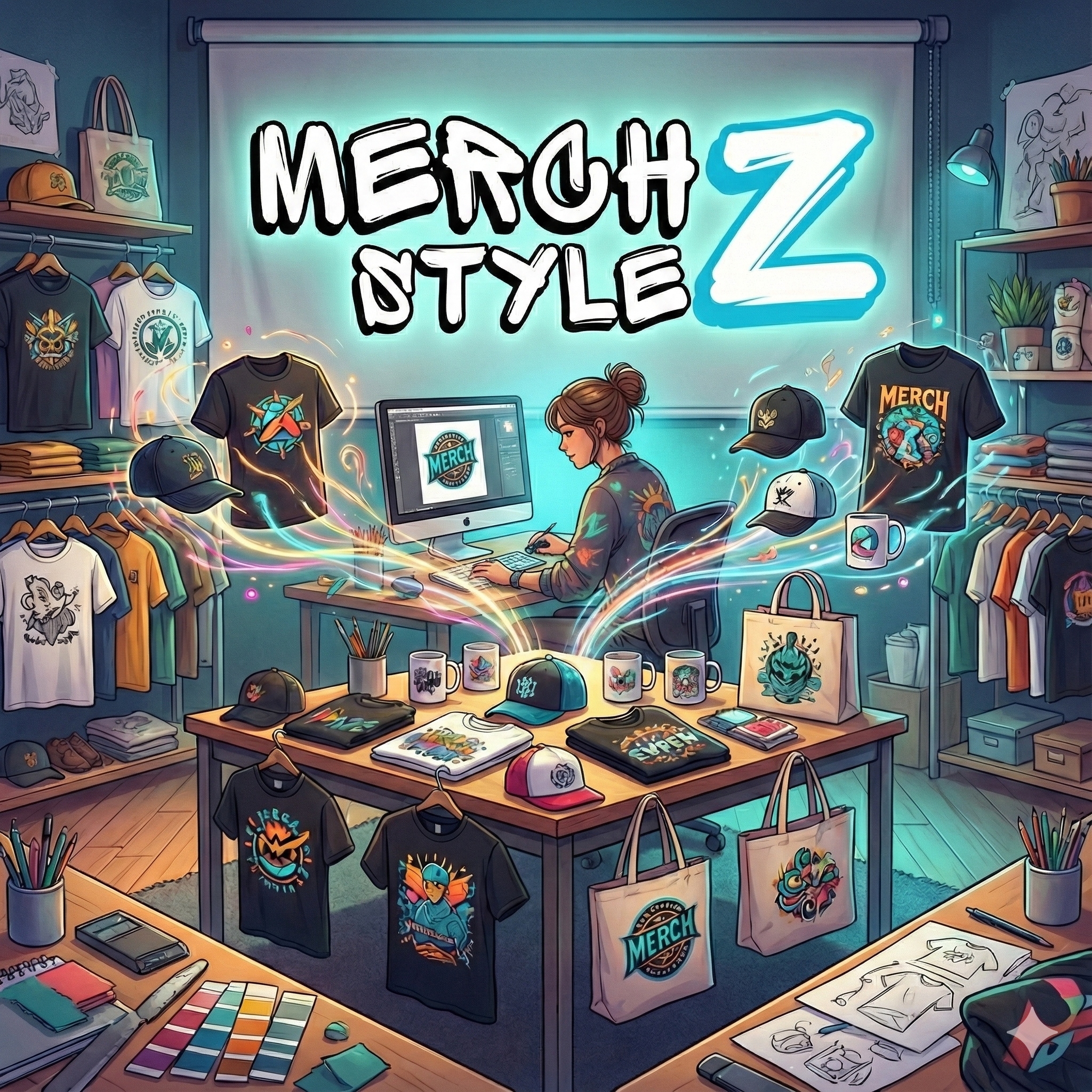 Digital illustration of a merchandise shop with clothing, hats, and Tote bags featuring cartoon designs, inside a trendy store with colorful neon and creative artwork, with a person designing on a computer.