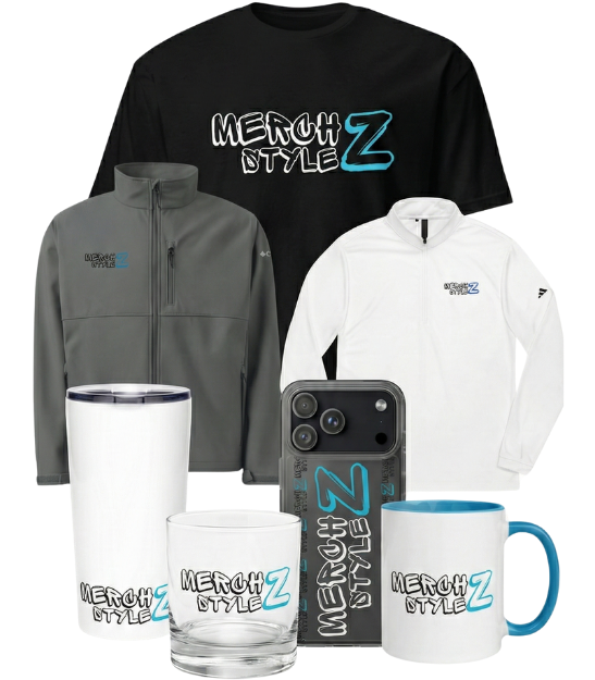 Collection of merchandise featuring 'March Style Z' text printed on a black T-shirt, white and gray jackets, a white tumbler, a glass, a mug, and a smartphone case, all with blue and black accents.