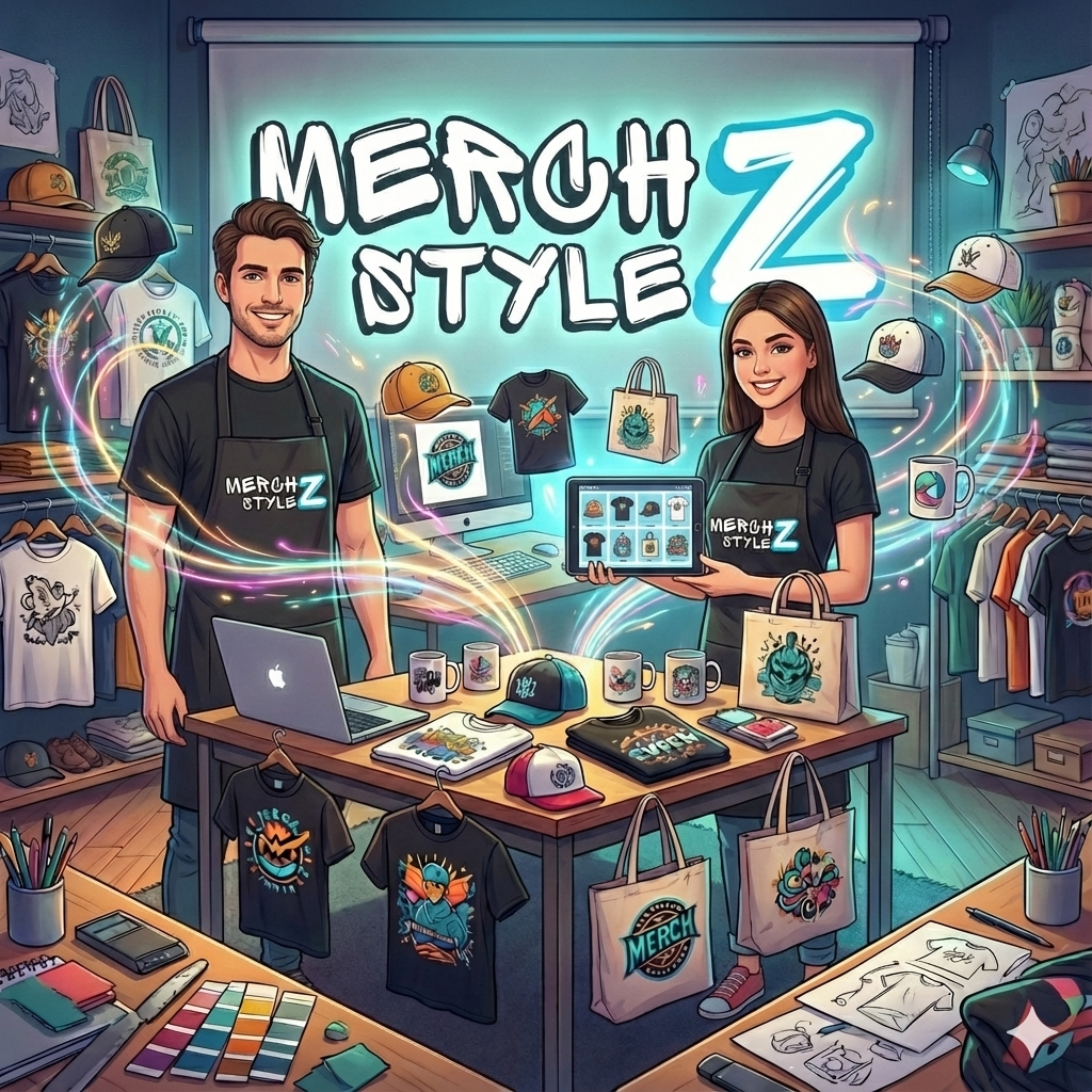 Illustration of a merchandise shop with two smiling employees, a man and a woman, showcasing various branded items like caps, t-shirts, mugs, tote bags, and a tablet displaying product images. The store features racks of clothing, shelves with more merchandise, and a large illuminated sign that reads 'MERCH STYLE Z' in the background.