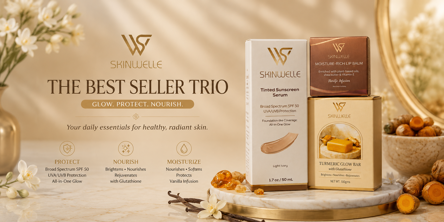 Skincare products from Skinwelle, including tinted sunscreen serum, moisture-rich lip balm, and turmeric glow bar, displayed on a marble surface with flowers and a mirror in the background.