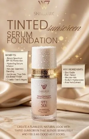 A bottle of Shineville Tinted Sunscreen Serum Foundation with SPF 50 displayed against a soft, peach-colored background with gold accents, emphasizing benefits like broad-spectrum SPF 50 protection and a natural, seamless finish.