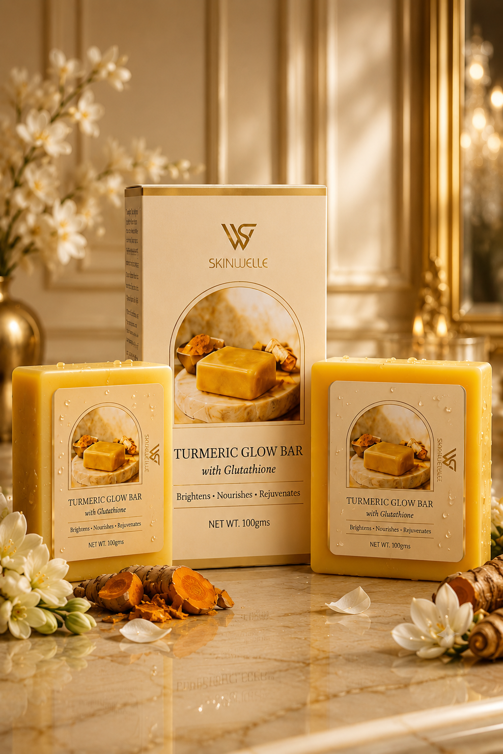 Two yellow bars of turmeric glow soap with white labels, surrounded by turmeric roots and white flowers, placed on a marble surface with a gold and white background.
