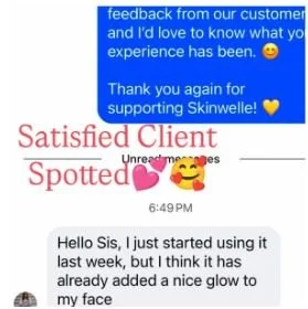 Text message conversation with blue and gray chat bubbles, emojis, and a highlighted word 'Satisfied Client Spotted' in pink