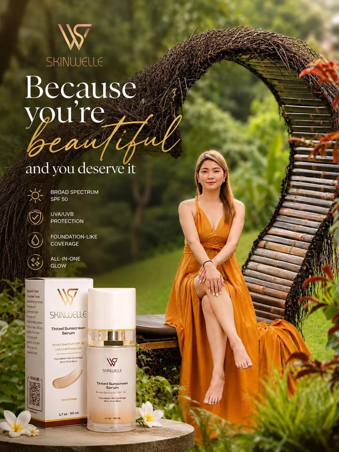 A woman in an orange dress sitting on a wooden bench outdoors with a large, woven arch structure behind her, promoting Skinwelle tinted sunscreen serum with SPF 50, UVA/UVB protection, foundation-like coverage, and all-in-one glow, surrounded by greenery.