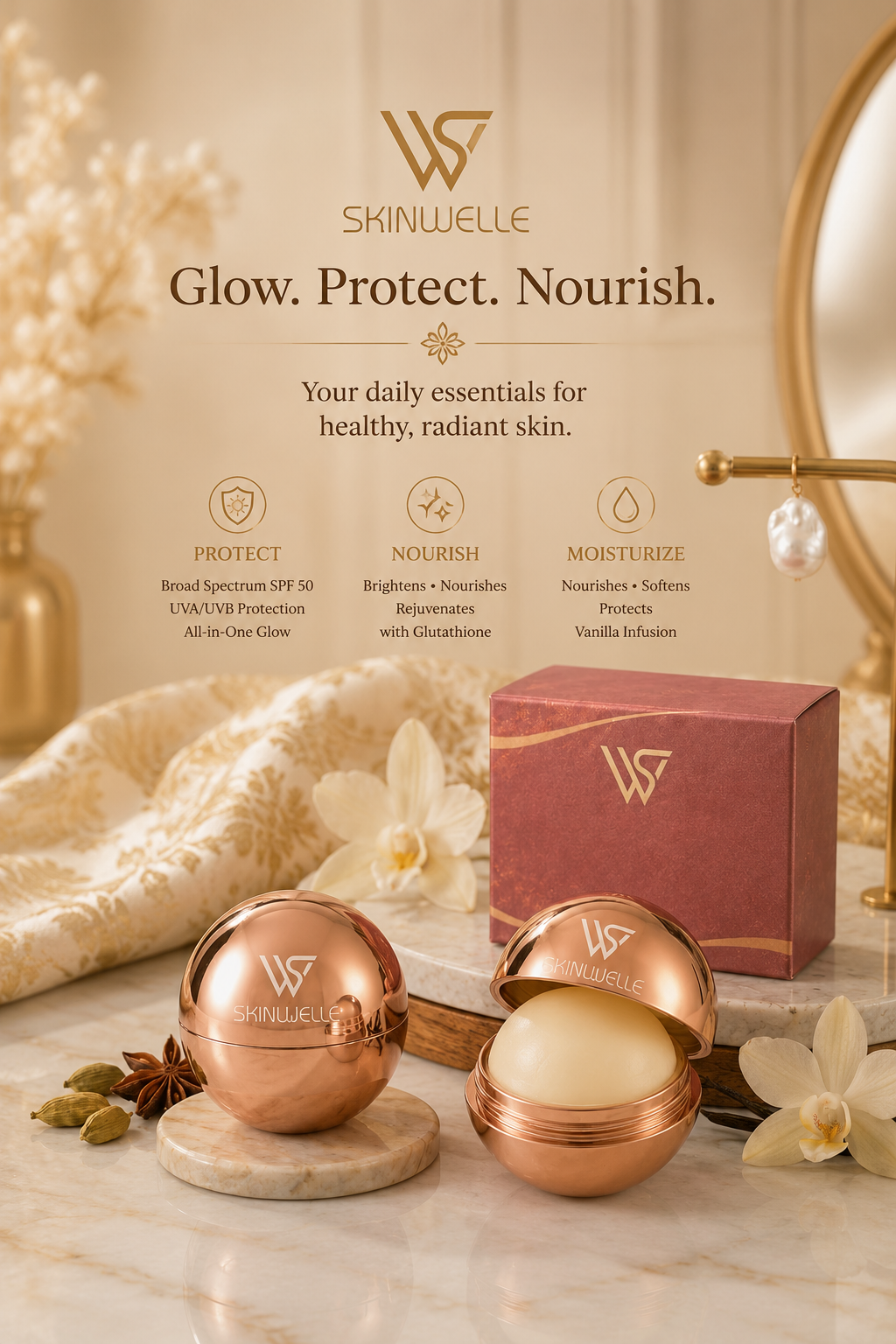 Display of Skinwelle skincare products in rose gold spherical containers on marble surface, with promotional poster behind detailing benefits such as protect, nourish, and moisturize, surrounded by white flowers and star anise.