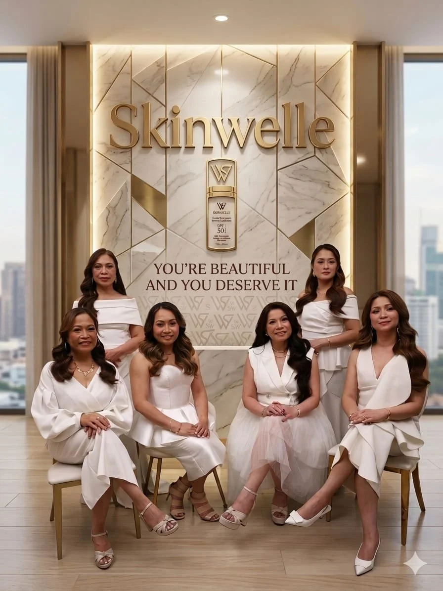 Group of six women wearing white dresses sitting and standing in front of a decorative wall with the Skinwelle logo and a skincare product advertisement, inside a modern office or hotel with city view windows.