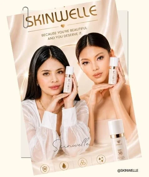 Two women holding skincare bottles, standing in front of a Skinwelle advertisement banner featuring their logo, slogan, and product images, with a bottle of sunscreen on the table.