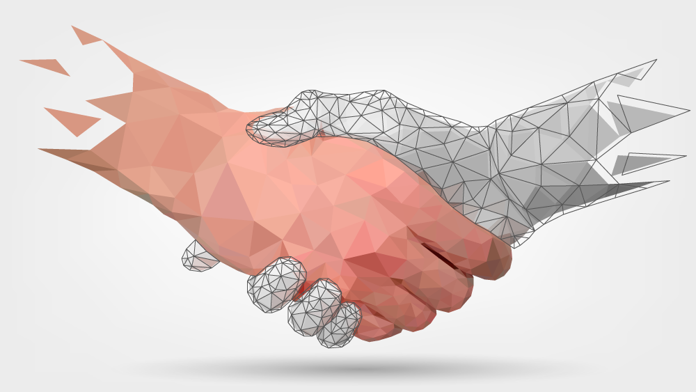 A digital illustration of two hands shaking, one depicted with realistic colors and the other with a wireframe geometric style, symbolizing cooperation or partnership.