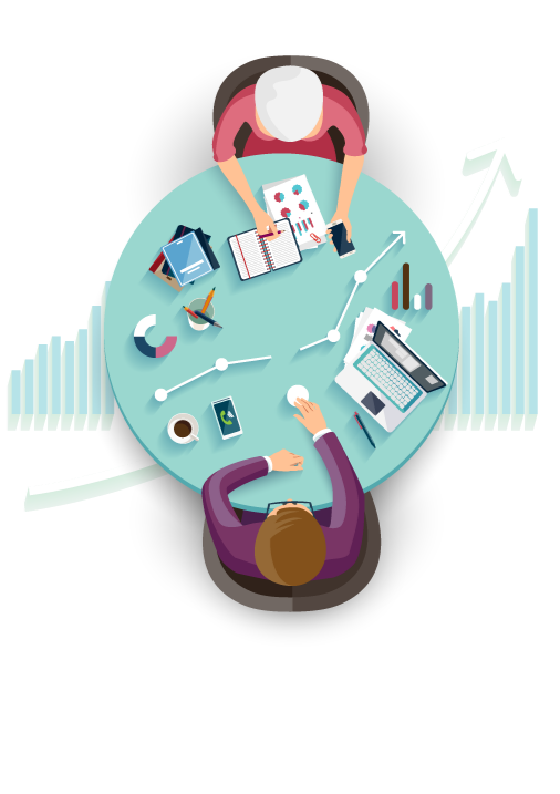 Top-down view of two professionals having a meeting at a round table, with charts, a laptop, notebooks, and coffee cups.