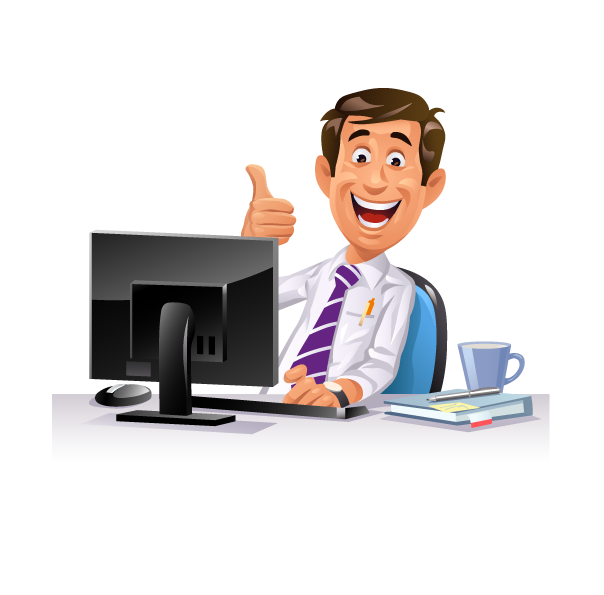 Cartoon man sitting at a desk giving a thumbs up with a big smile, in front of a computer monitor, with a notepad, pen, and coffee mug on the desk.