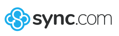 Logo of sync.com, an online cloud storage service, featuring a stylized blue cloud with a white outline and the text sync.com in black.
