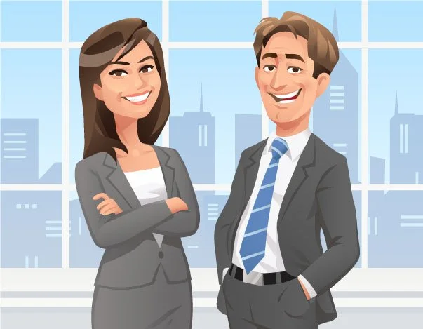 Two business professionals, a woman and a man, standing inside an office with a city skyline visible through the window behind them. They are smiling and dressed in business attire.