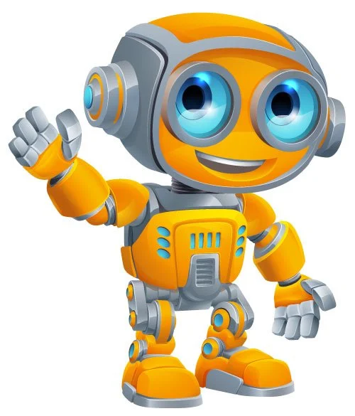Cute animated robot with large blue eyes, orange and gray body, waving its right hand.