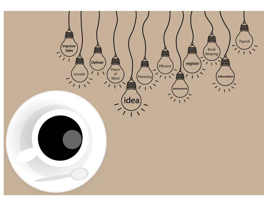 Illustration of light bulbs hanging from the ceiling, each labeled with different ideas like 'Improve Sales,' 'Delivery,' 'Growth,' 'Peace of Mind,' 'Planning,' 'register,' 'recommend,' 'information,' 'Payroll,' 'Book Keeping,' and 'Efficient.' One larger light bulb labeled 'idea' is prominently in the center. There is also a cartoonish eye with a large black pupil, white sclera, and a small gray highlight towards the bottom left corner of the image.