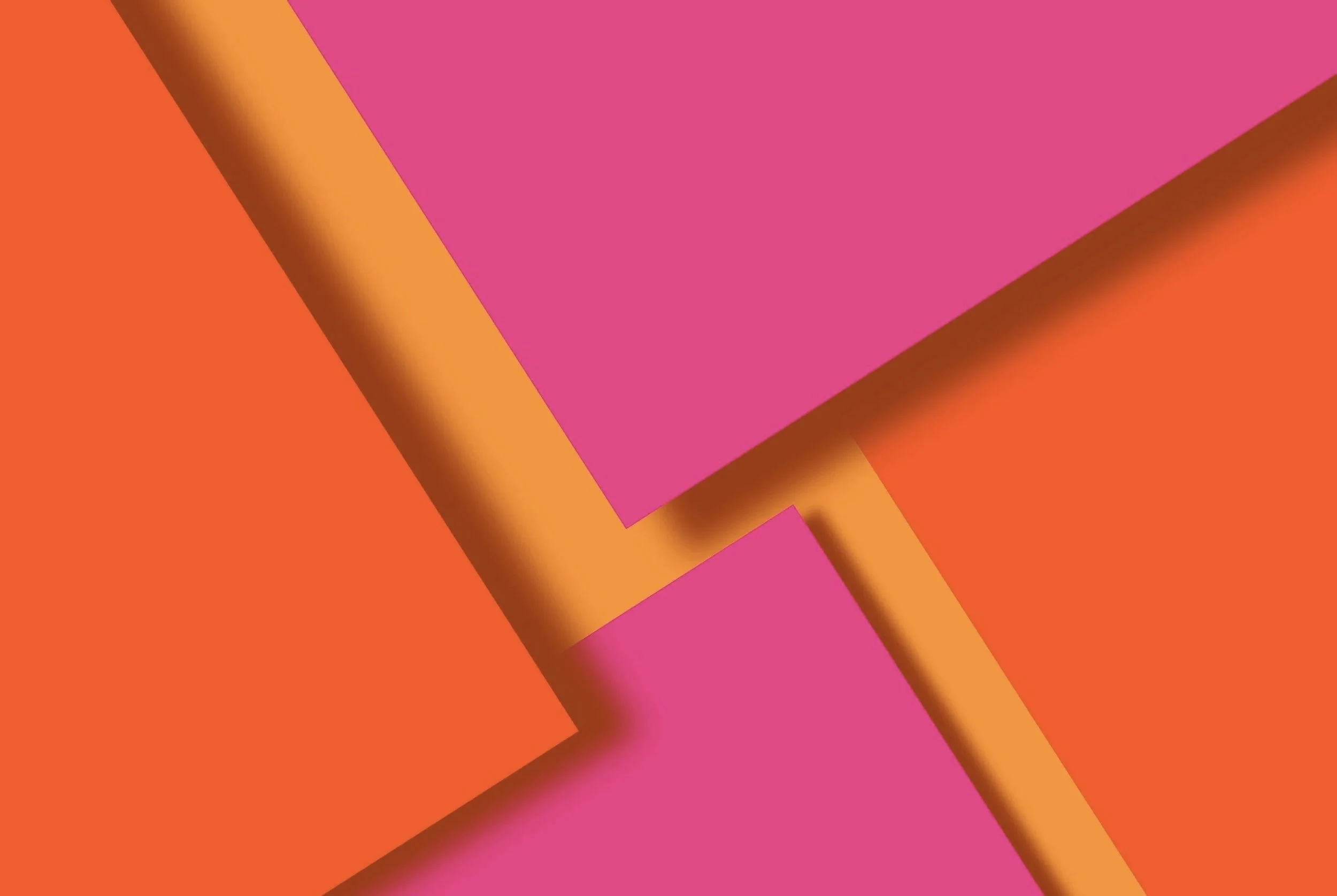 Abstract background with orange, pink, and purple overlapping geometric shapes and gold-foil-like borders.