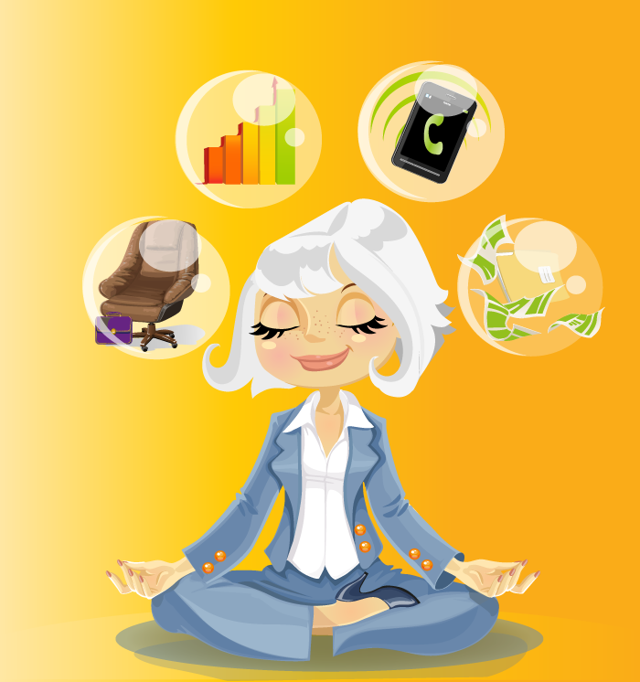 Cartoon woman with white hair practicing yoga, surrounded by icons of a bar chart, smartphone, office chair, and money.