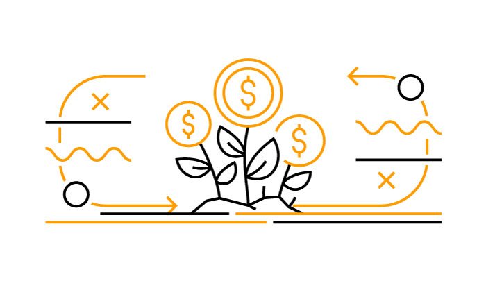 Illustration of a money tree with dollar signs on its branches, surrounded by abstract lines and shapes in orange, representing financial growth.