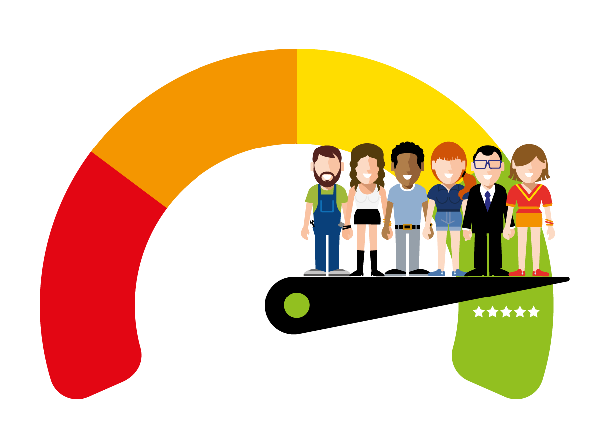 Illustration of six diverse people standing on a platform with a colorful background featuring sections of yellow, orange, red, and green, along with a five-star rating symbol.