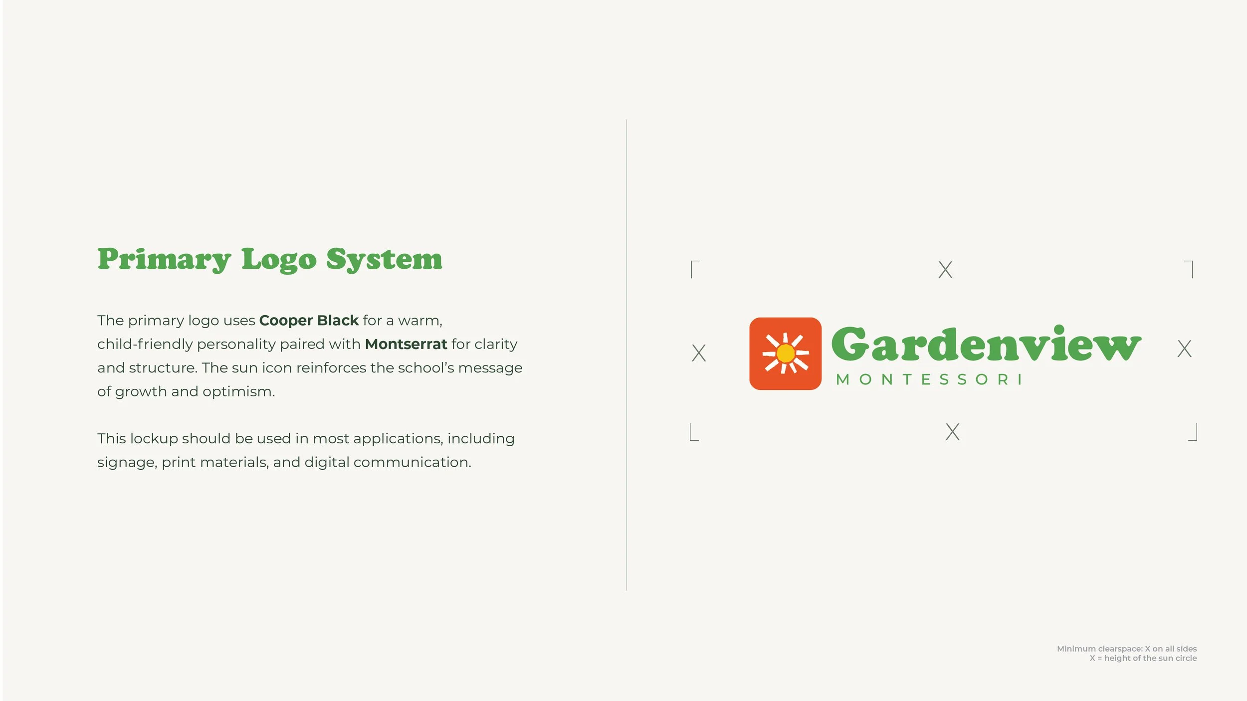 Logo presentation slide for Gardenview Montessori with the school's name, sun icon, and branding guidelines on a divided background.