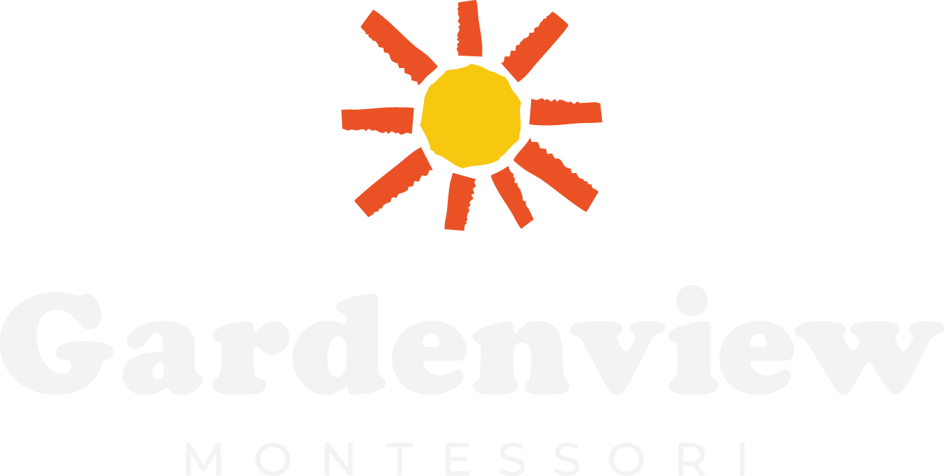 Logo for Gardenview Montessori featuring a stylized sun above the text 'Gardenview' in large white letters and 'Montessori' below in smaller white letters.