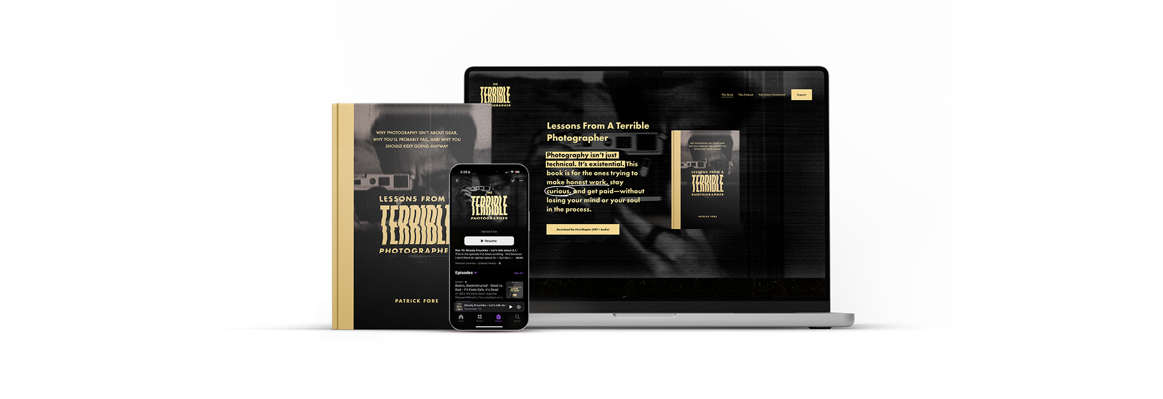 Digital display of a book titled "Lessons From A Terrible Photographer" by Patrick Fore on a laptop and phone screens, with the book cover featuring a black and white photo of a camera and yellow text.
