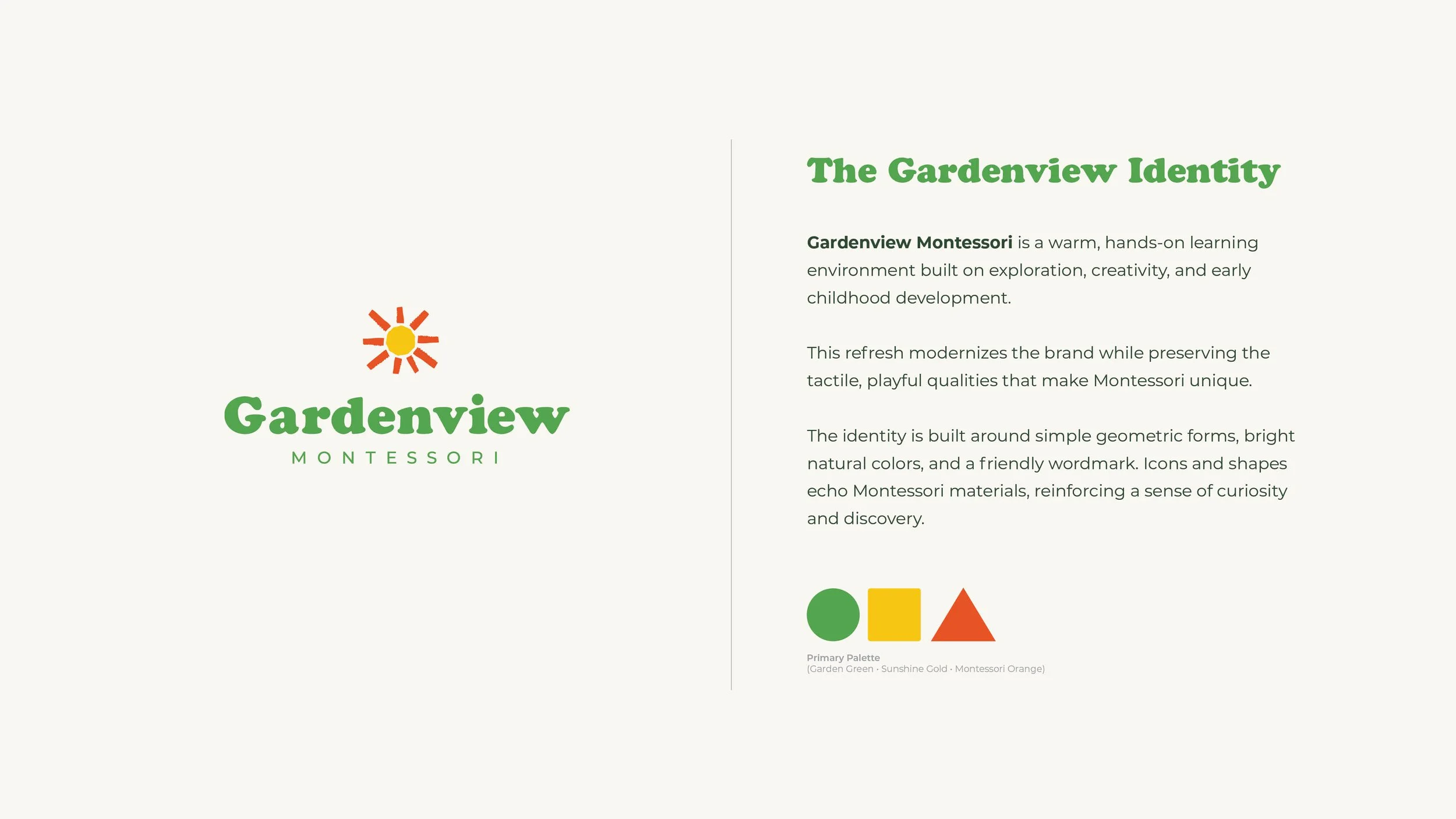 The image features the logo and branding for Gardenview Montessori. On the left, a logo with a stylized sun and the text 'Gardenview Montessori' in green. On the right, a descriptive paragraph about Gardenview Montessori, highlighting its focus on exploration, creativity, and early childhood development, with a simple geometric shapes palette in green, yellow, and orange.
