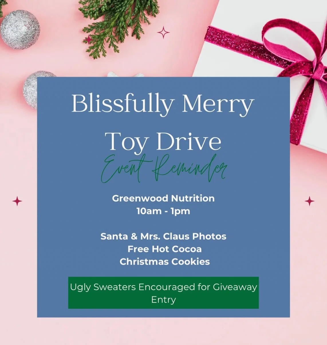 🎄 EVENT REMINDER!
The Blissfully Merry Toy Drive celebration is THIS Saturday, Dec 6 from 10AM&ndash;1PM at @greenwoodnutrition in Midland!

If you haven&rsquo;t dropped off your toy yet, there&rsquo;s still time! Bring a new, unwrapped gift for a c