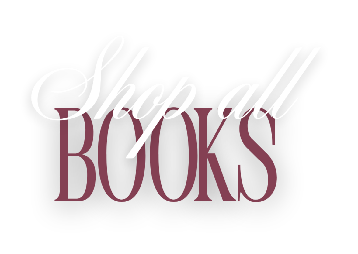 Text saying "Shop all BOOKS" on a black background, with "Shop all" in cursive white font and "BOOKS" in large purple capital letters.