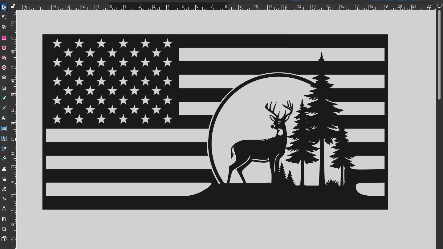 A black and gray silhouette of the American flag with a right-side circle containing a deer and trees, with the sun setting or rising in the background.