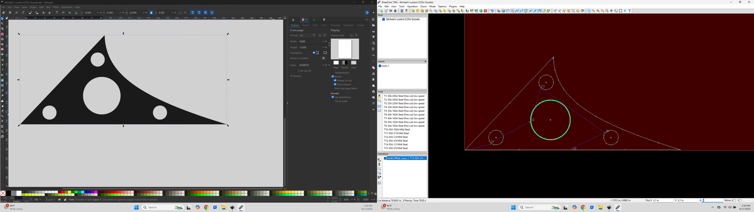 Screenshot of a computer screen showing two design programs. The left side displays a vector graphic of a black and white triangle with circular cutouts, resembling a stylized cheese wedge. The right side shows a CAD or engineering drawing with circl