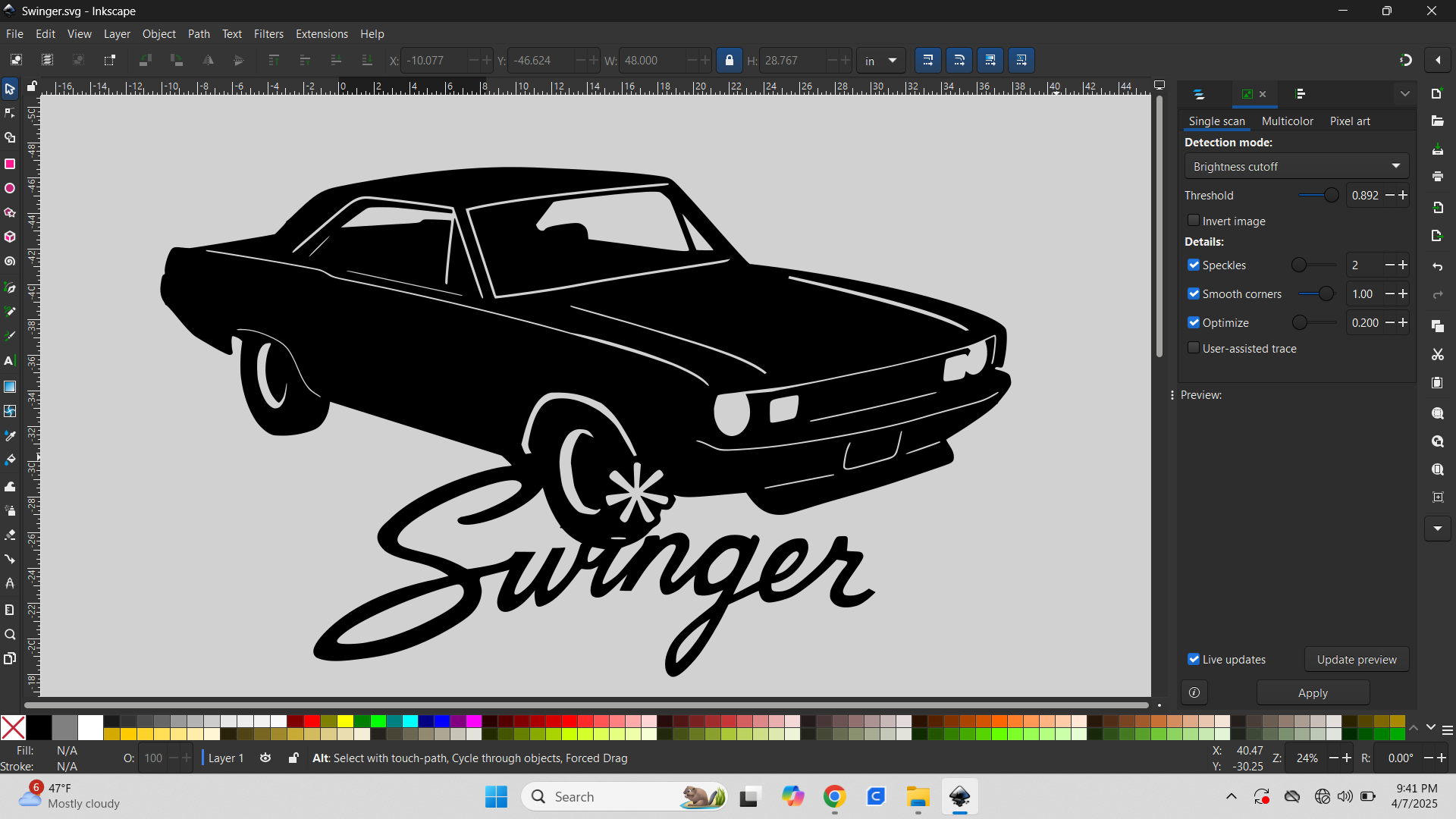 A black and white digital illustration of a vintage car with the word "Swinger" written below it, in a stylized cursive font.