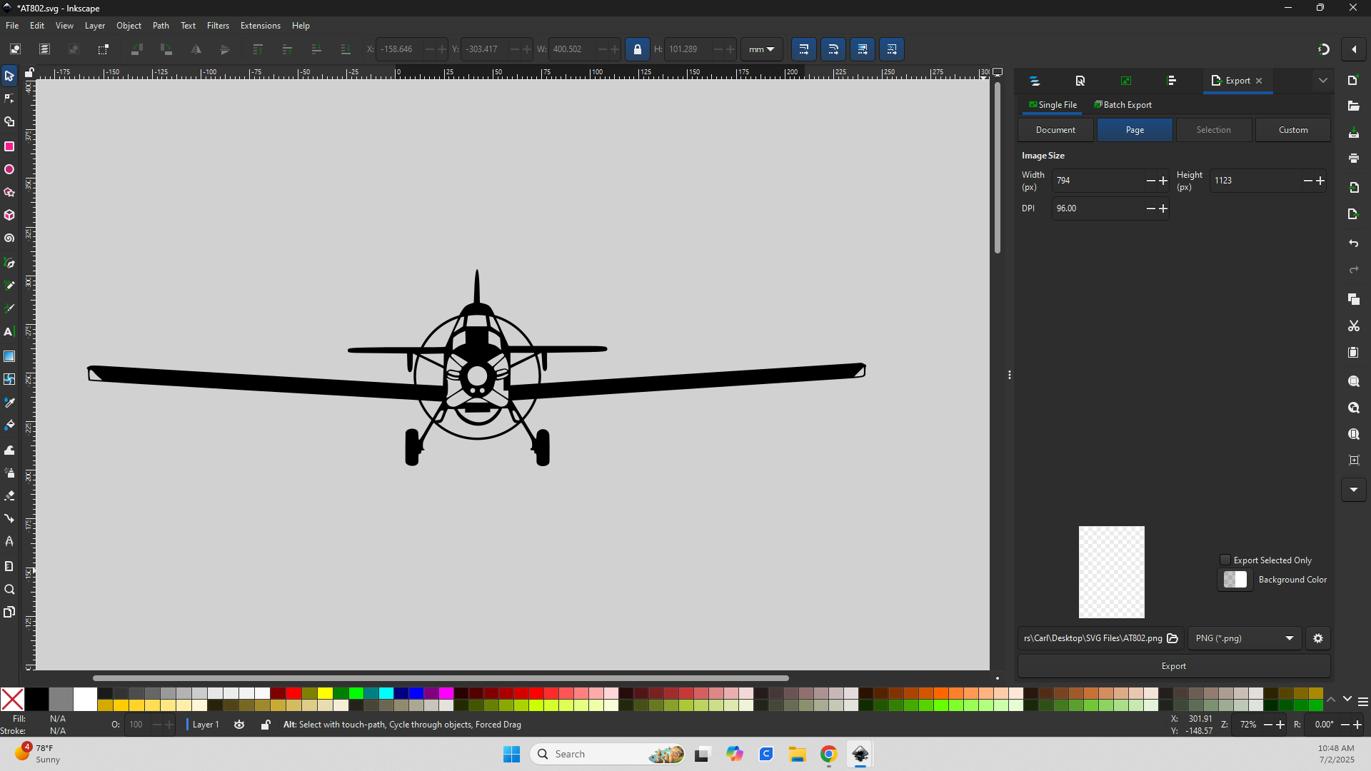 Silhouette of a vintage military airplane viewed from the front, showing wings, fuselage, landing gear, and nose.