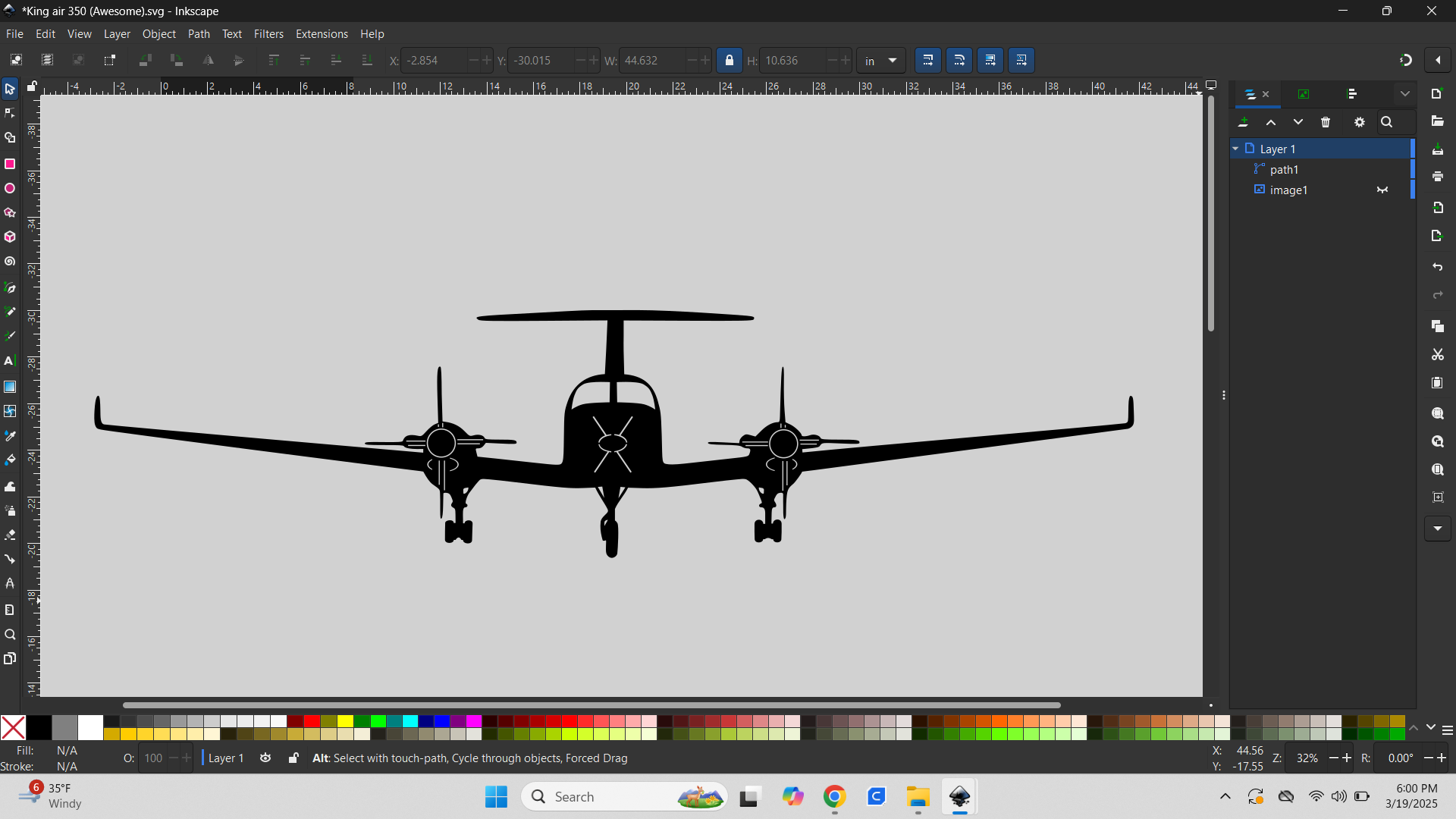 Silhouette of a twin-propeller airplane with a high tail, viewed from the front.