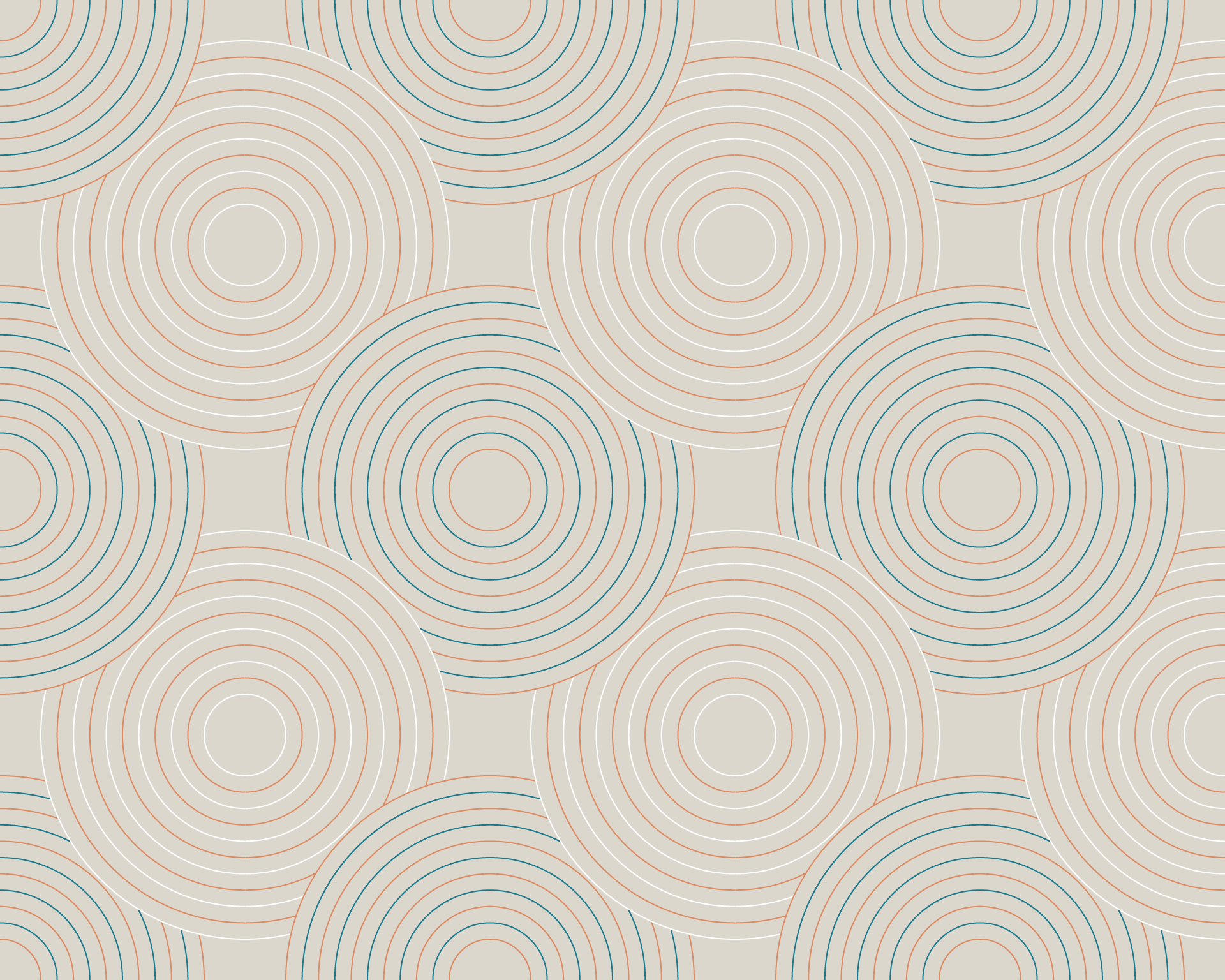 A repeating pattern of concentric circles in beige, white, brown, and black, overlapping on a light beige background.