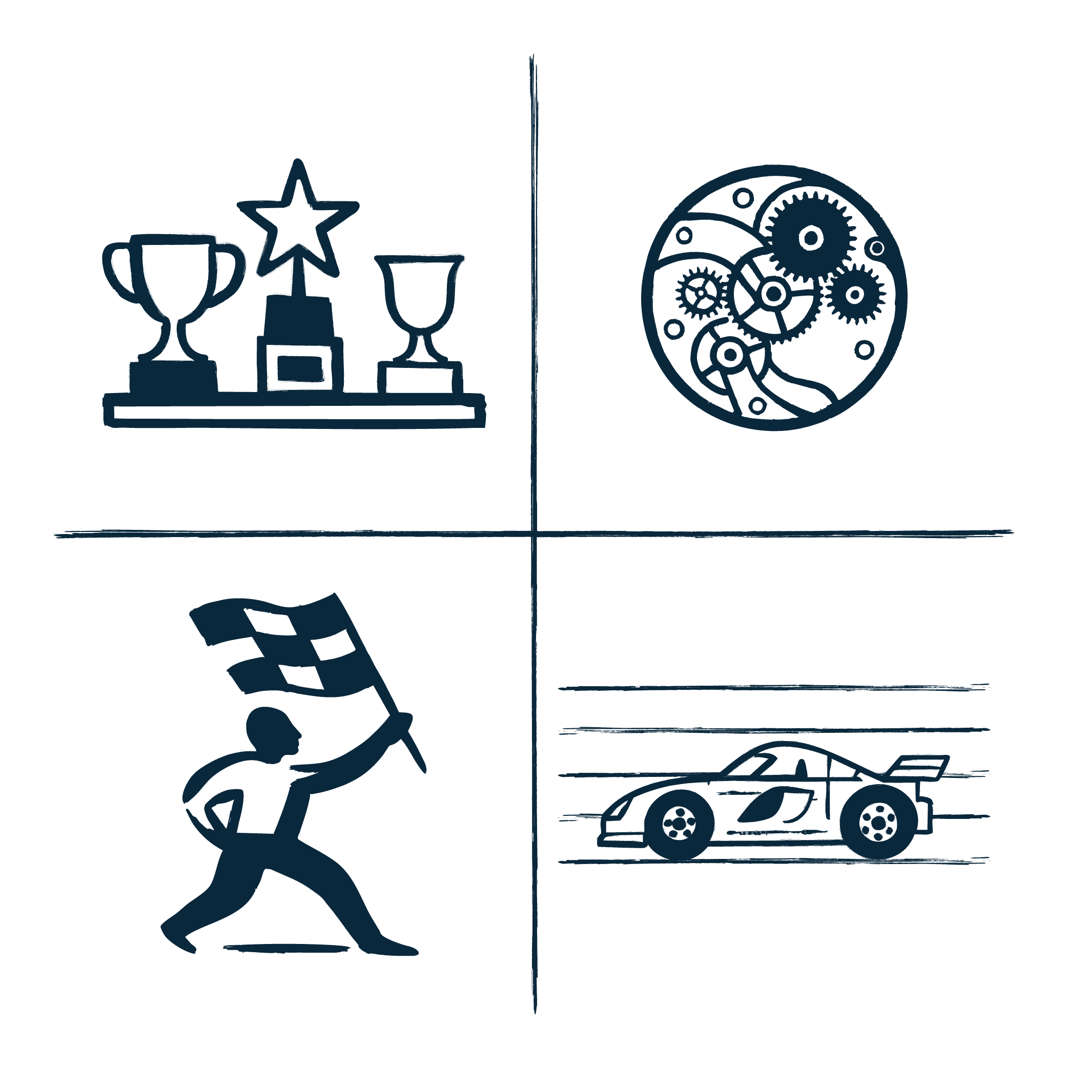 Four quadrants with icons: top left shows trophies and awards, top right shows gears and machinery, bottom left shows a person running with a checkered flag, bottom right shows a racing car.