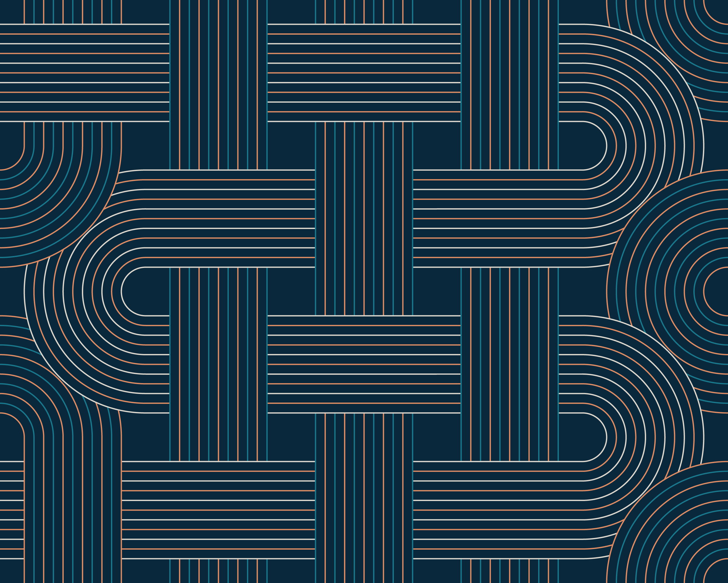 Abstract geometric pattern with dark blue background and thin orange and white lines forming interconnected rectangles and curved shapes.