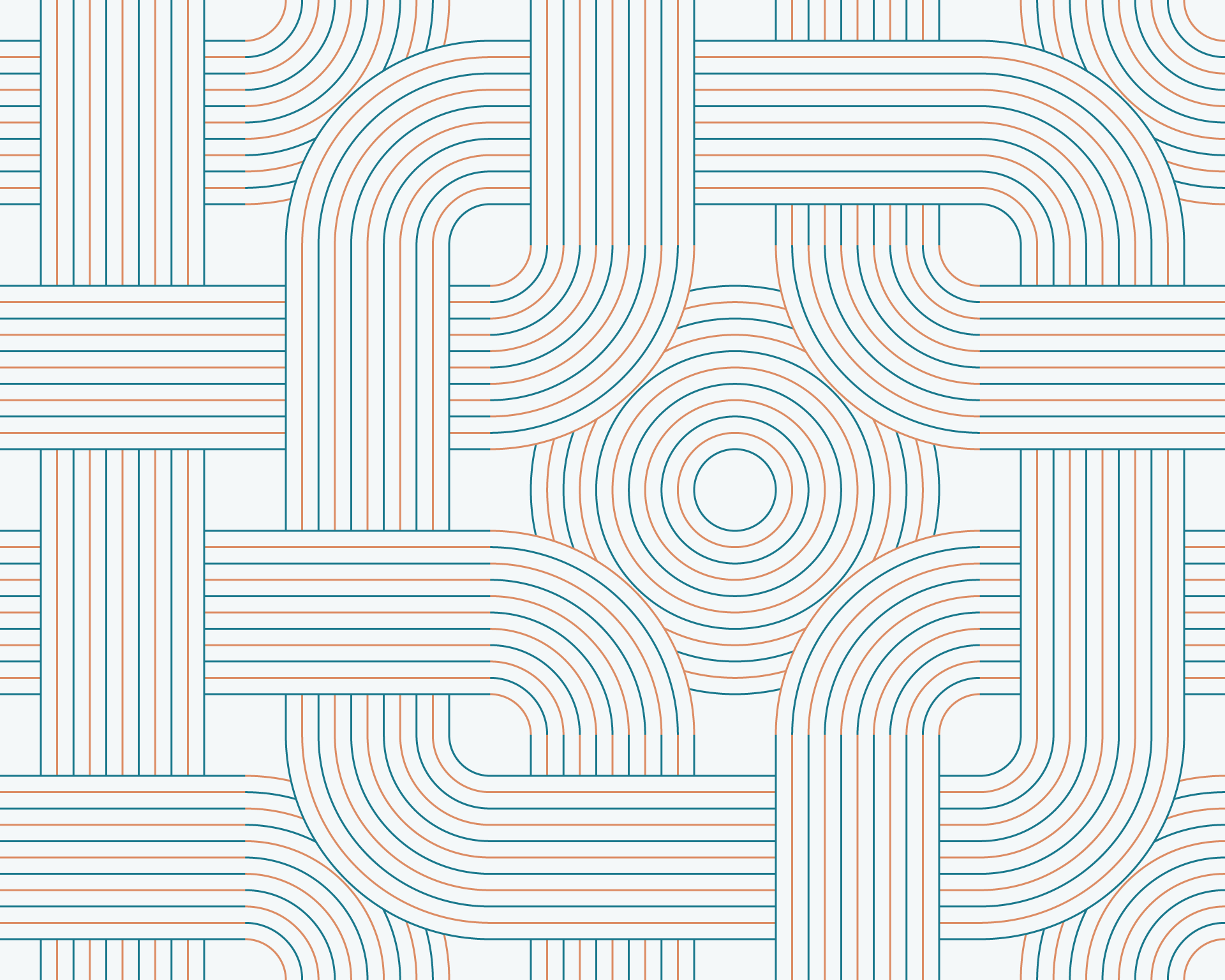 Abstract geometric pattern with curved and straight lines in blue and orange on a light background.