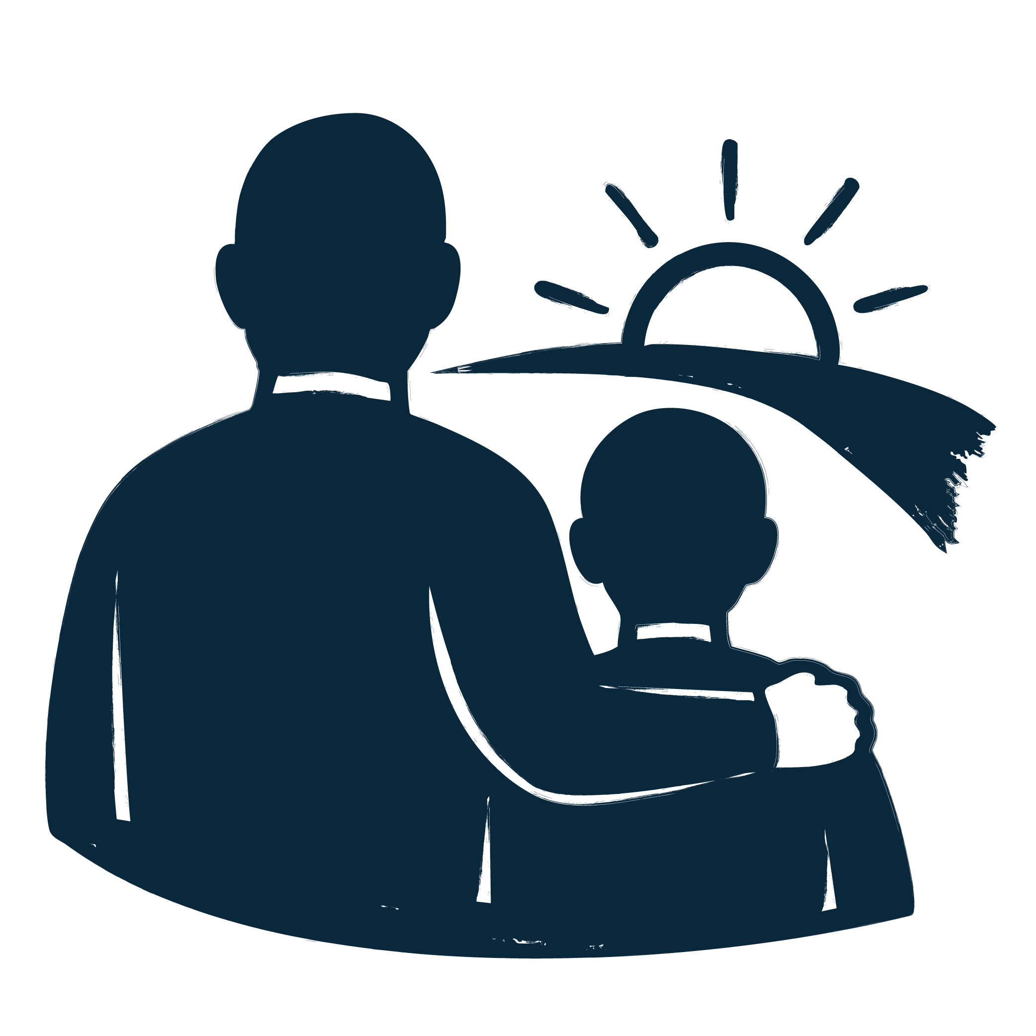 Silhouette of an adult and a child with the sun rising or setting in the background.