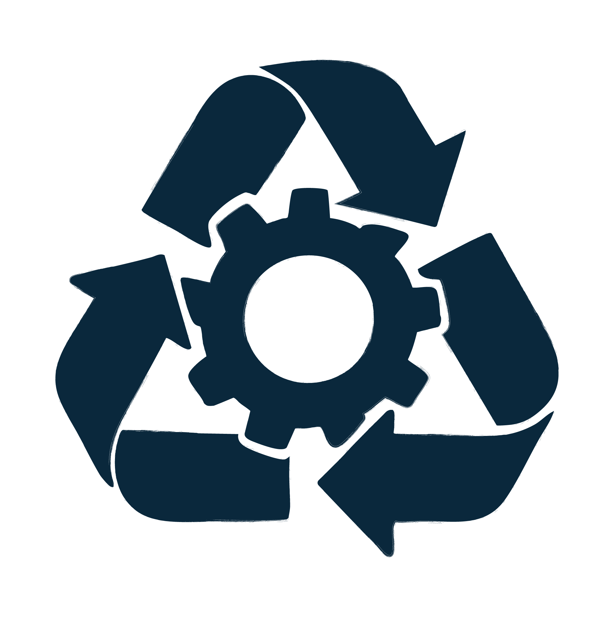 Icon of a gear surrounded by a recycling symbol with three arrows forming a triangle.