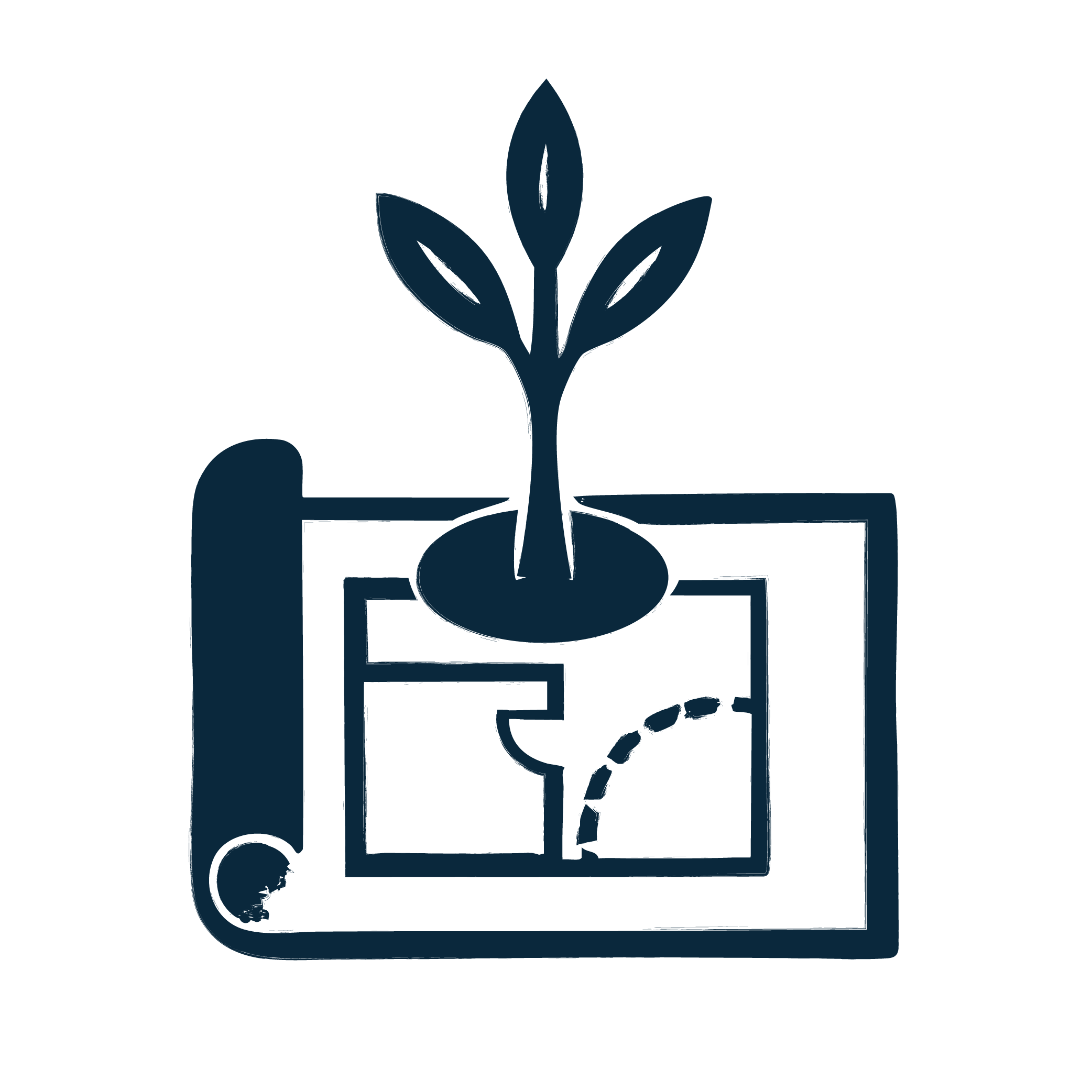 Line drawing of a planting system with a seedling in a pot, a watering tube, and a square planting container.