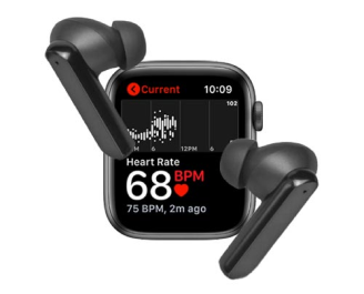 Smartwatch displaying heart rate of 68 BPM with wireless earbuds placed around it.