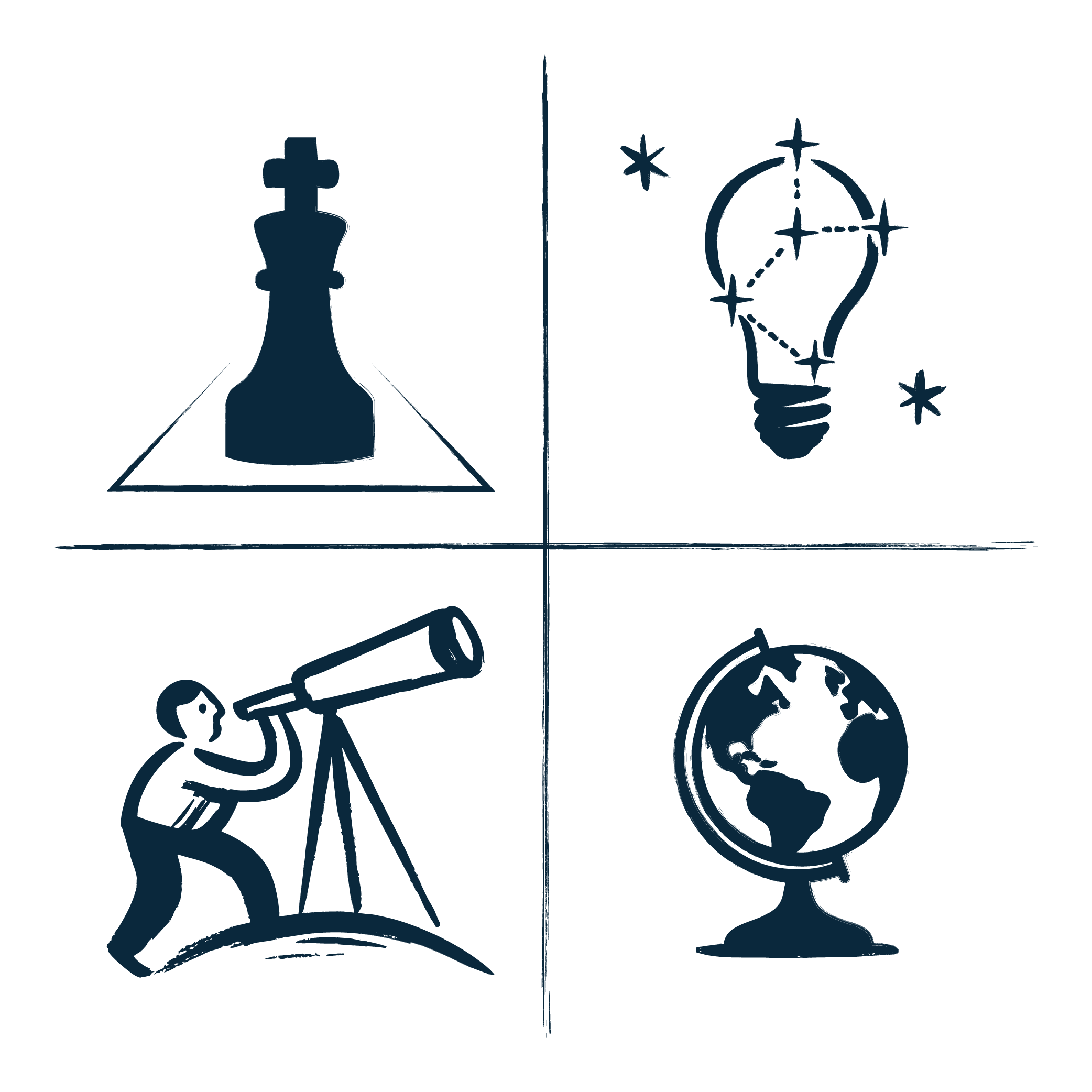 Four quadrants with icons: chess king, constellation with stars, person looking through a telescope, and globe