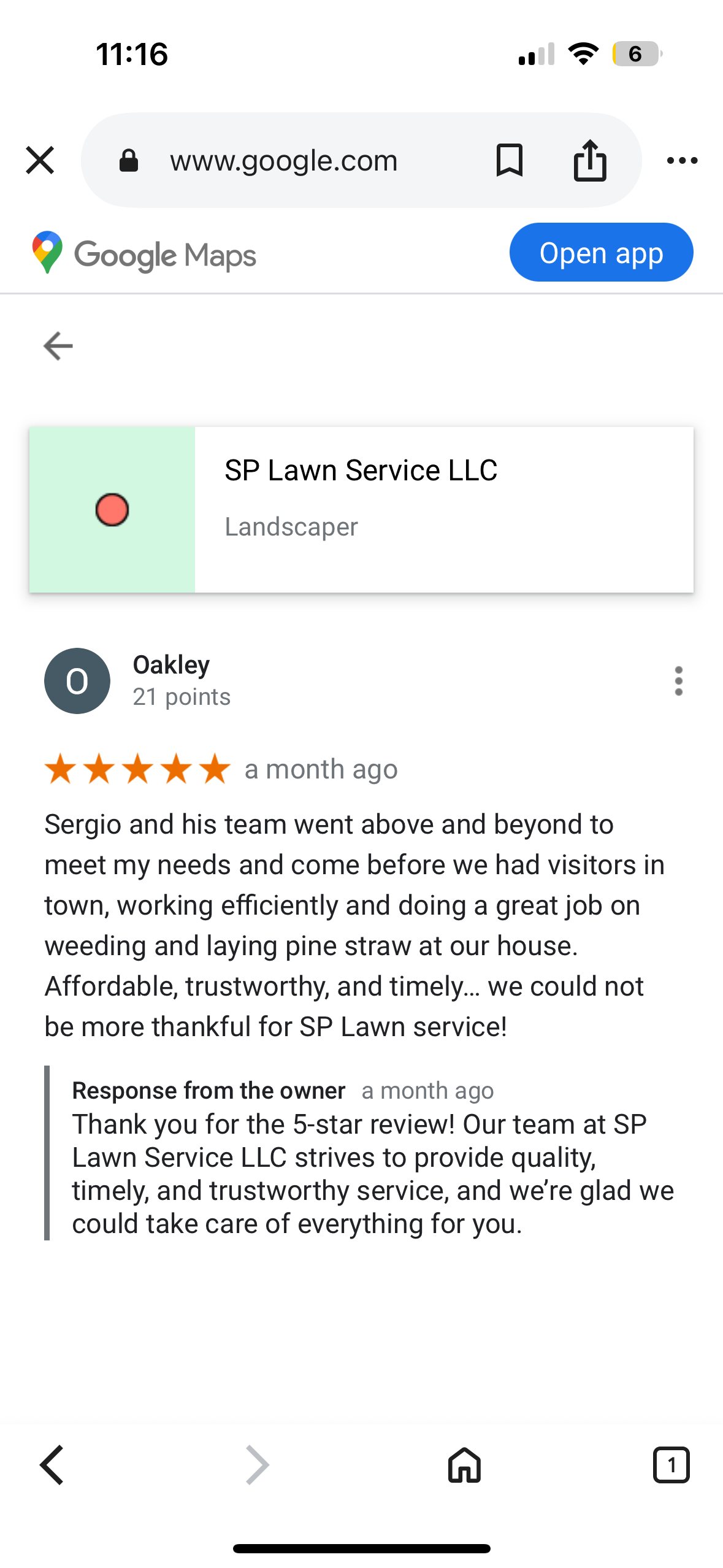 Screenshot of a Google Maps review for SP Lawn Service LLC, a landscaper, featuring a five-star review praising their service, with a response from the owner expressing gratitude.